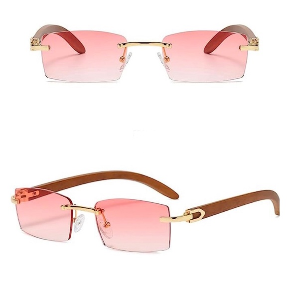 Gold Frame Rimless Pretty Women's Pink Tinted Mens 90's 2000s Fashion Sunglasses - Picture 4 of 5